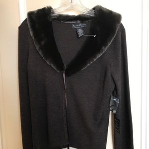 NEW V Neck Brown Sweater with Faux Fur Trim Collar